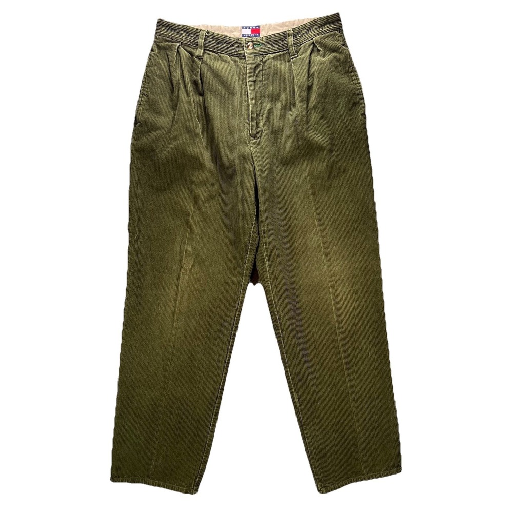 Vintage Tommy Hilfiger Corduroy Pants Mens 34x32 fits 32x30 Green Pleated 90s